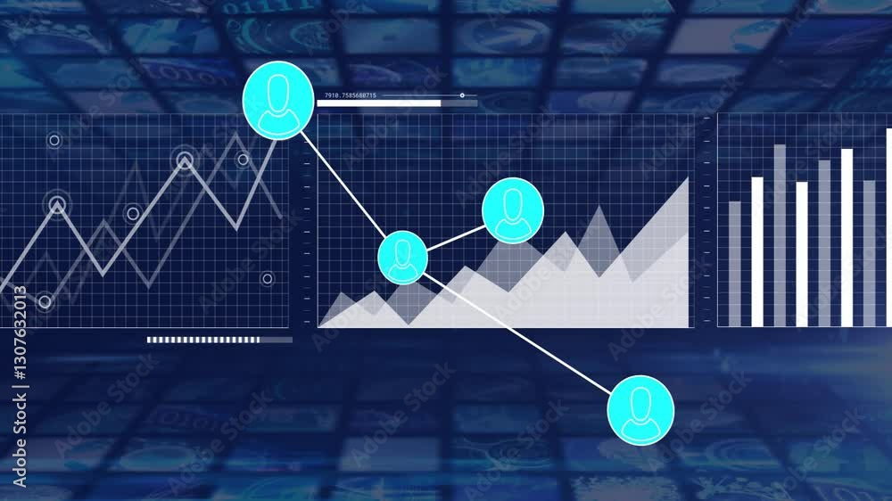 Aufkleber animation of graph and bar chart with user icons in school data analysis