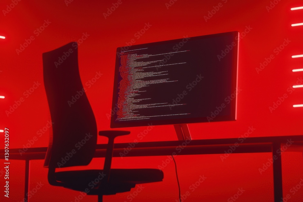 Aufkleber developer debugging code on a large monitor, in a dark office with neon lights, showcasing focus and