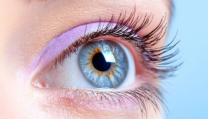 Fototapeta premium Close-up of a blue eye, gazing, light makeup, soft-focus background; ideal for ophthalmology or beauty