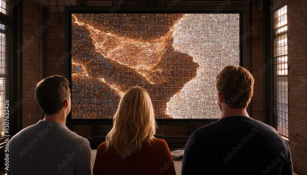Poster group analyzing consumer data on a large screen, in a modern office with charts, showcasing strategi
