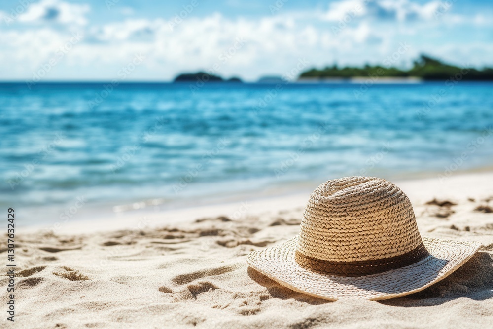 Poster relaxing beach scene featuring a straw hat resting on warm sand near clear blue water and distant is
