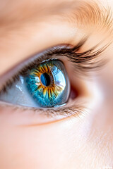 Close-up of a child's captivating blue eye, reflecting light; eye health poster