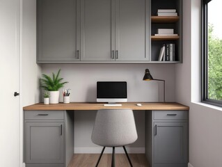 A modern home office featuring a wooden desk, ergonomic chair, computer, and decorative plant, surrounded by stylish cabinetry and a large window.