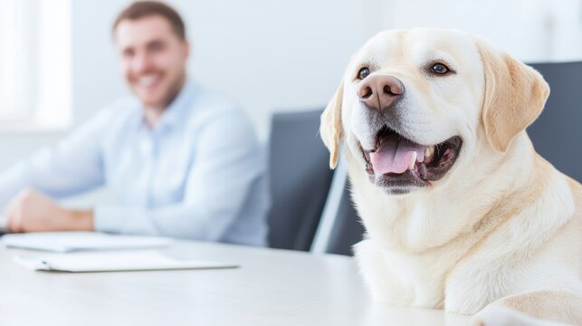 Group enjoying a pet-friendly day in an office, with dogs and laughter, fostering a fun and relaxed business environment