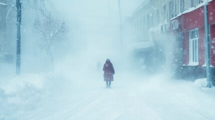 Fototapeta premium People braving a powerful blizzard in the city, surrounded by snow and strong winds, showcasing resilience and adaptation to extreme winter weather.