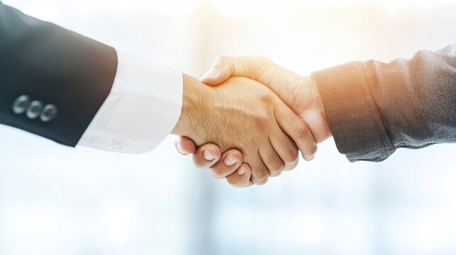 Happy customer shaking hands with a service rep, in a modern office with a welcoming feel, sealing a positive interaction with trust and satisfaction