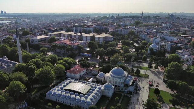 Istanbul, Turkey: Aerial view of famous Turkish city straddling Bosphorus Strait, summer day with clear blue sky - landscape panorama of Europe / Asia from above

