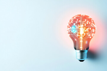 Fototapeta premium A glowing light bulb with intricate circuitry design represents innovation and technology on a clean background.