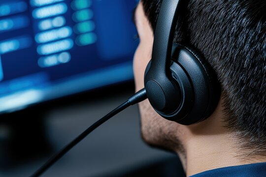 Agent troubleshooting a tech issue via headset, in a busy call center with screens, delivering support in a fast-paced business hub