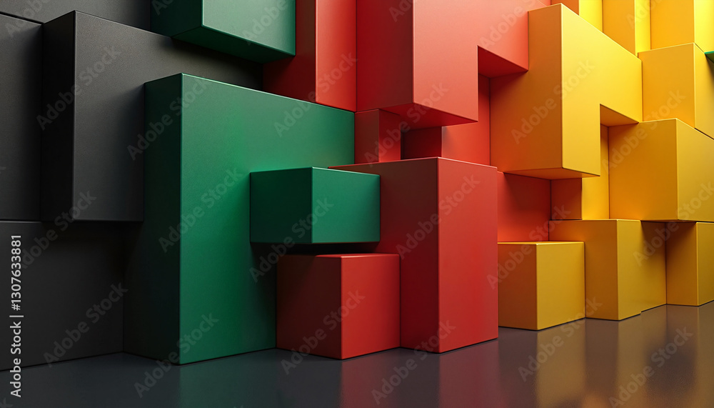 Poster three-dimensional abstract geometric design with layered rectangular blocks in black, emerald green,