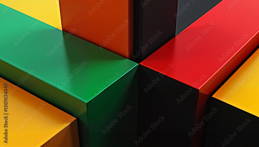 Poster abstract composition of glossy panels in bold primary colors arranged in intersecting geometric patt