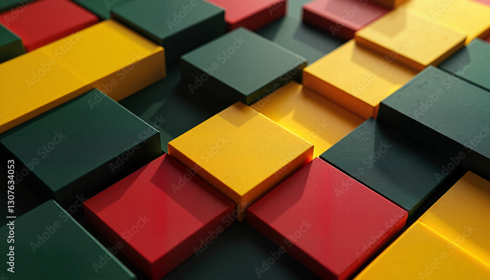 Poster abstract geometric blocks in alternating black, yellow, deep red, and forest green, creating a dynam