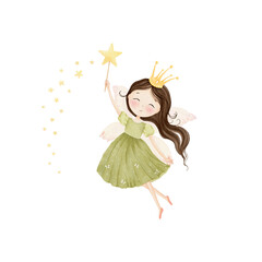 Cute fairy with magic star, in beautiful green dress and gold crown, watercolor isolated illustration for decor room, poster or print on textile. Hand drawn adorable character for your design.