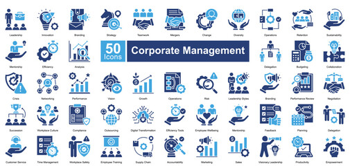 Corporate Management icon set in two color style, featuring 50 icons of leadership, strategy, teamwork, and performance. Perfect for business planning, HR, and organizational growth.