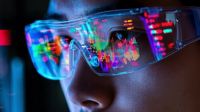 A medium closeup of a researcher in a lab coat intently observing the results from a highprecision spectrometer with colorful graphs and data projections reflecting on their protective