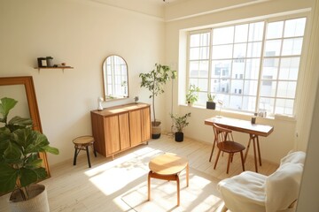 Sunlit, minimalist room with wooden furniture, plants, and large window.