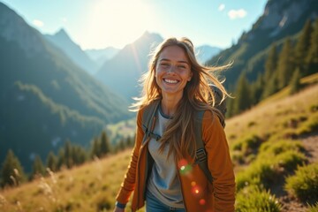 Woman is smiling while walking up hill in mountains