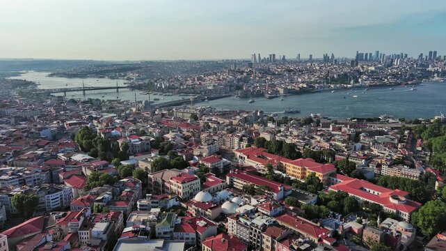 Istanbul, Turkey: Aerial view of famous Turkish city straddling Bosphorus Strait, summer day with clear blue sky - landscape panorama of Europe / Asia from above
