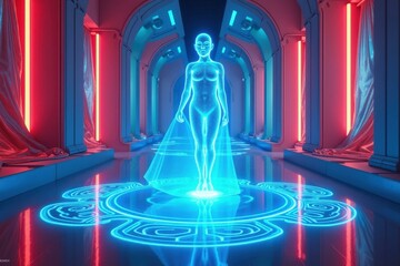 Woman is standing in futuristic room with glowing floor