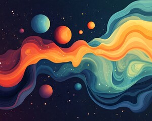 Abstract cosmic swirl with planets.