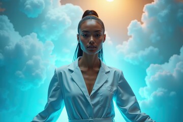 Woman is standing in white robe with her hands in her pockets