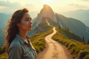 Woman is standing on mountain trail looking at sun