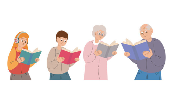 World Book Day. All generations read books. Pupils or students, boy, girl, grandma and grandpa. Set. Global education concept, study abroad, international schools. University education. Vector