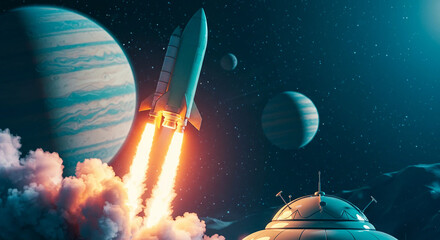 Space rocket launches from alien planet, sci-fi poster.