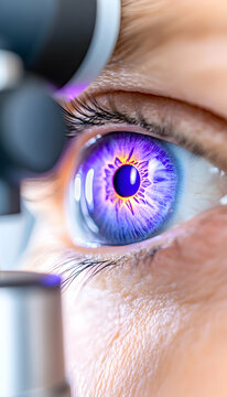 Close-up of eye exam; iridescent pupil; ophthalmic lens; medical; healthcare promotion