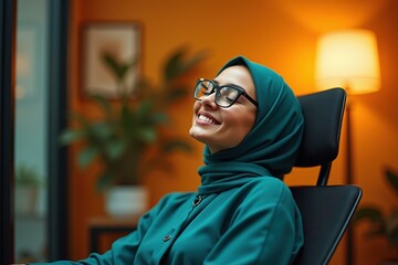 Woman is wearing green hijab and glasses