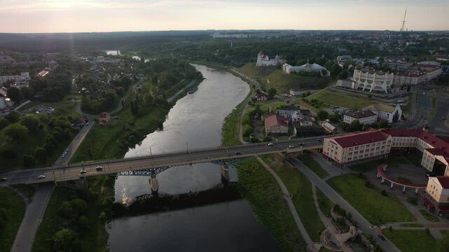aerial panoramic view from great height on red roofs of old big city