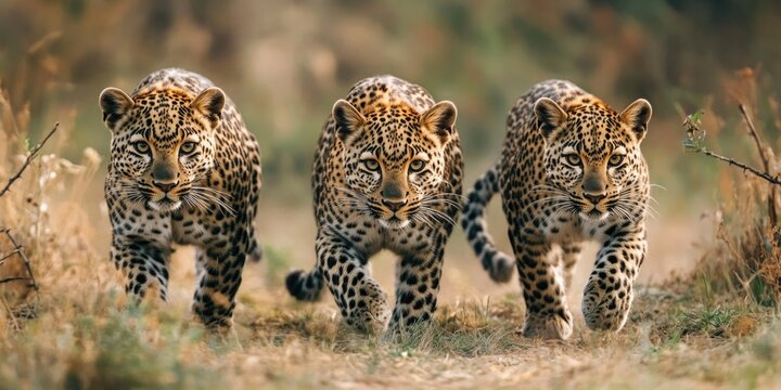 Three leopards in grass