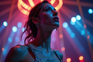 Woman is wearing sparky dress and looking up