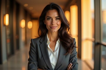 Woman is wearing suit and smiling for camera