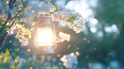 Illuminated oil lantern hanging from a blossoming cherry tree branch at sunset; bokeh background; peaceful spring scene ideal for websites, blogs, and social media