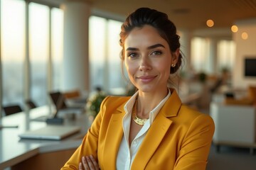 Woman is wearing yellow jacket and white shirt