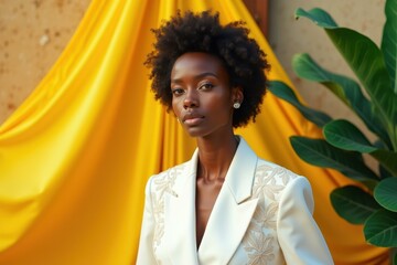 Woman is wearing white jacket and white dress