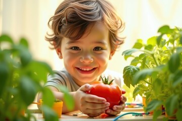 Young boy is holding tomato in his hands