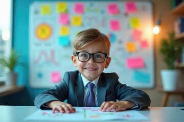 Young boy is wearing glasses and suit and tie