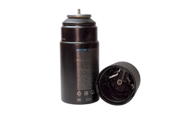 body spray compressed air aerosol can with removed dispensing lid. isolated on white background