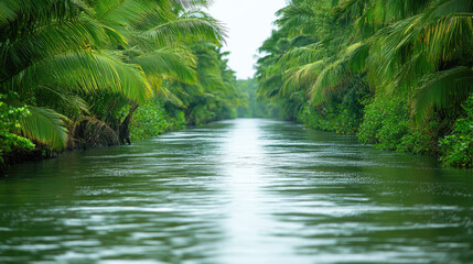 Fototapeta premium Lush tropical river with surrounded palm trees and tranquil waters