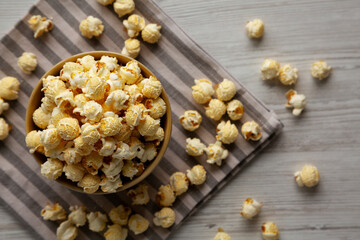Homemade Butter Popcorn with Sea Salt in a Bowl, top view.