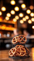 A tempting display of pretzels on a tiered stand, blurred bokeh lights in the background enhance this delicious scene.