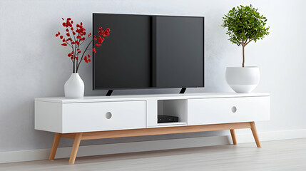 White Modern TV Unit with Wood Accents and Built in Storage