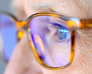 Close-up of woman's eyes behind glasses, looking thoughtfully; neutral background; ideal for eye care, aging, or vision