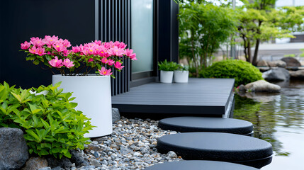 Modern Japanese Garden Design with Pink Flowers and Cascading Water Steps