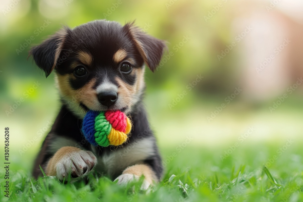 Poster Playful puppy enjoys colorful chew toy on lush green grass in soft natural light with blurred greenery background Generative AI