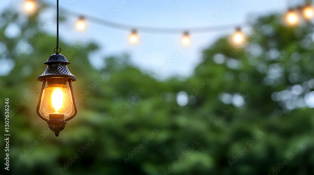Poster illuminated outdoor lantern hanging against a blurred background of lush green trees and a string of