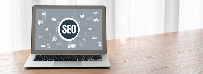 SEO search engine optimization for modish e-commerce and online retail business showing on computer...
