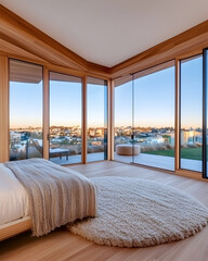 Coastal Bedroom Sunrise View Luxurious bedroom with panoramic ocean views, perfect for real estate listings